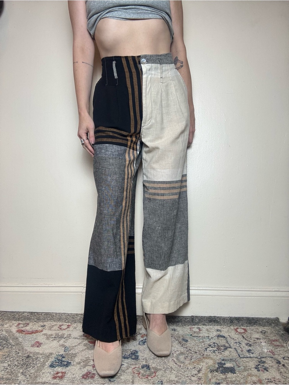 NOEN Asymmetric Colorblock Patchwork Linen Wide-Leg Trousers - Plaid & Solid